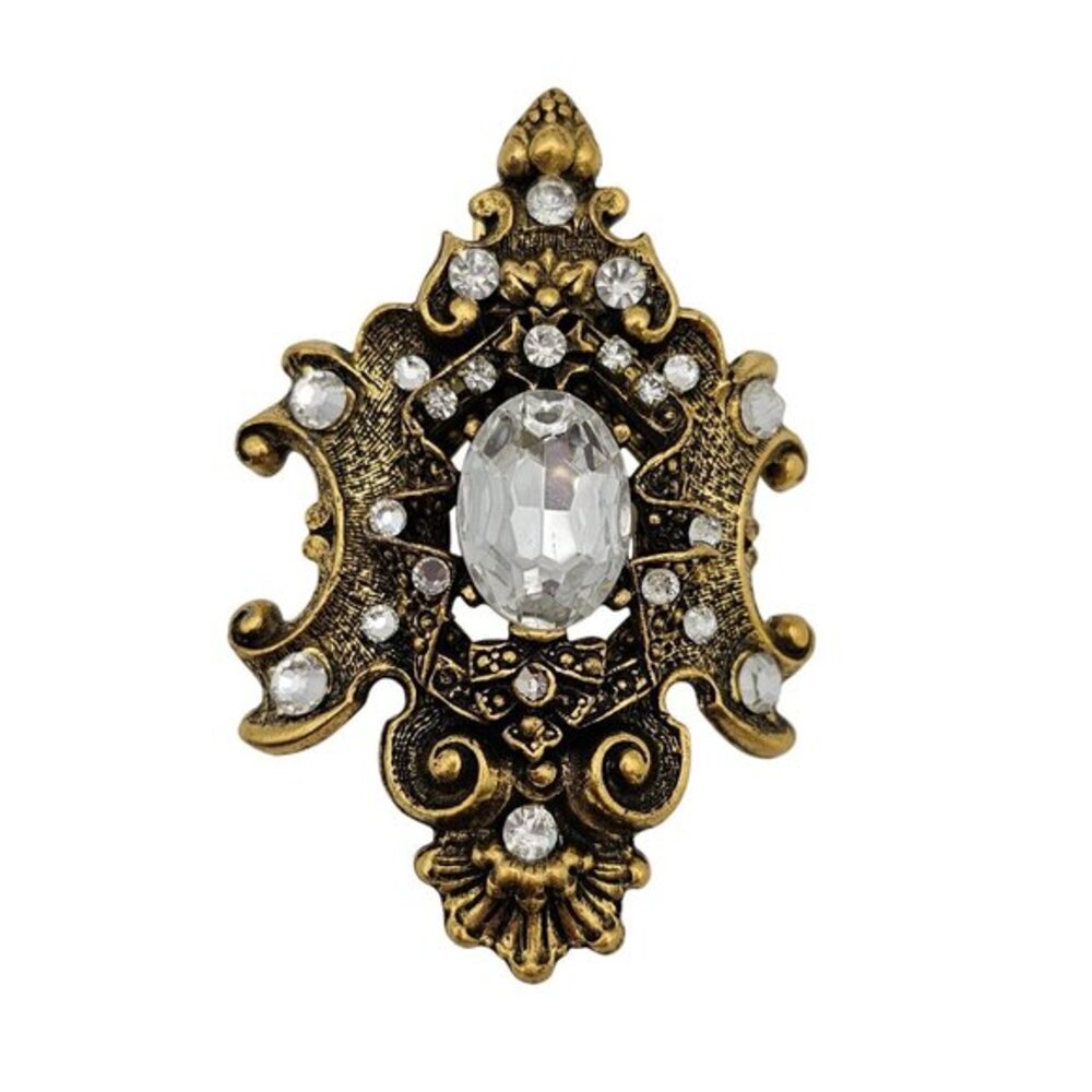 Vtg Stmt‎ Ornate Revival Brooch ~3" Gold Tone Clear Glass Rhinestone Pin 32g